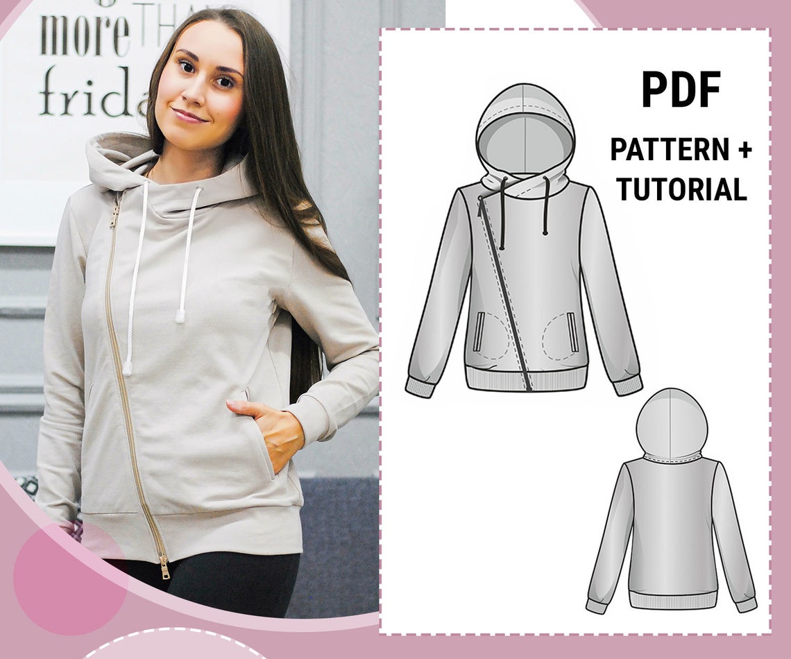 Women's Zip Up Hoodie Sewing Pattern PDF Sizes 3648 Etsy
