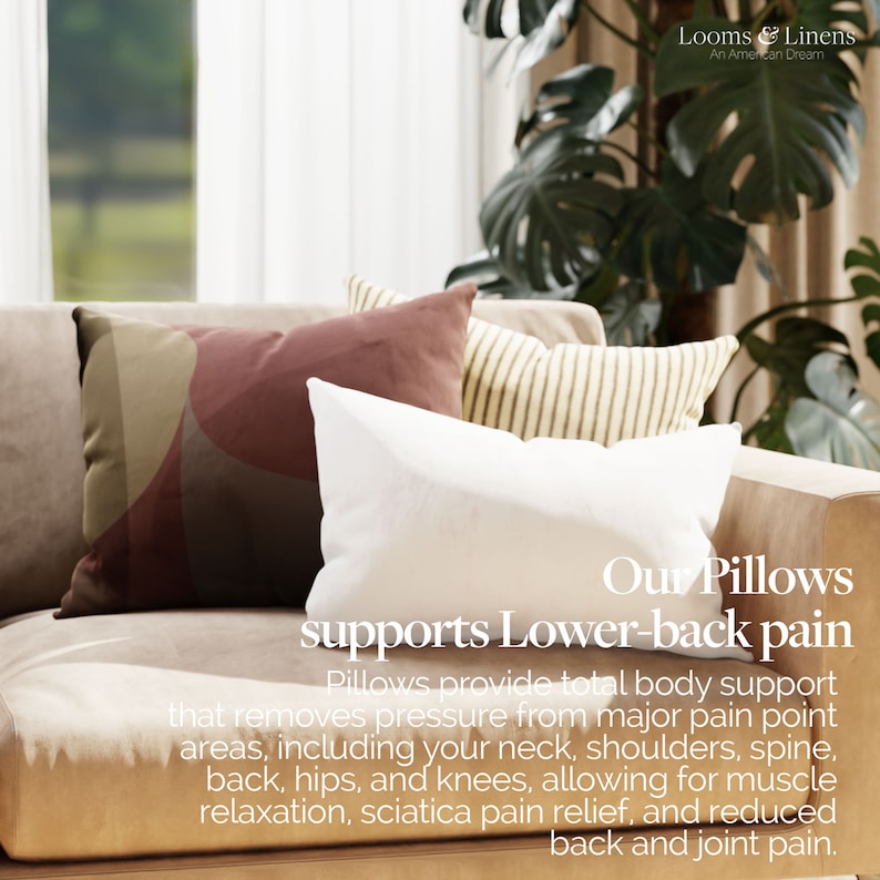 May include: A close-up of a couch with pillows in various colors and patterns. The text "Our Pillows supports Lower-back pain" is displayed on the couch. The text below reads "Pillows provide total body support that removes pressure from major pain point areas, including your neck, shoulders, spine, back, hips, and knees, allowing for muscle relaxation, sciatica pain relief, and reduced back and joint pain."