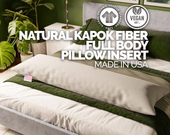 Organic Kapok Body Pillow Insert: Sateen or Twill Cotton Cover, Made in USA