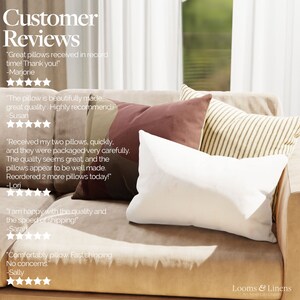 May include: Customer reviews for pillows with five-star ratings. The reviews highlight the quality, speed of shipping, and comfort of the pillows. The image features a couch with pillows in various colors and patterns.