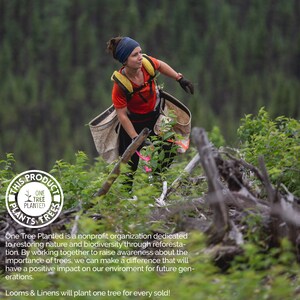 May include: A woman plants a tree in a forest. The image includes a circular logo with the text "This Product Plants Trees" and "One Tree Planted".