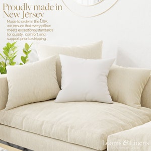 May include: A close-up of a beige linen sofa with three pillows. The sofa is made in the USA and the text "Proudly made in New Jersey" is displayed above the sofa. The text "Made to order in the USA, we ensure that every pillow meets exceptional standards for quality, comfort, and support prior to shipping." is displayed below the sofa. The text "Looms & Linens" is displayed in the bottom right corner of the image.