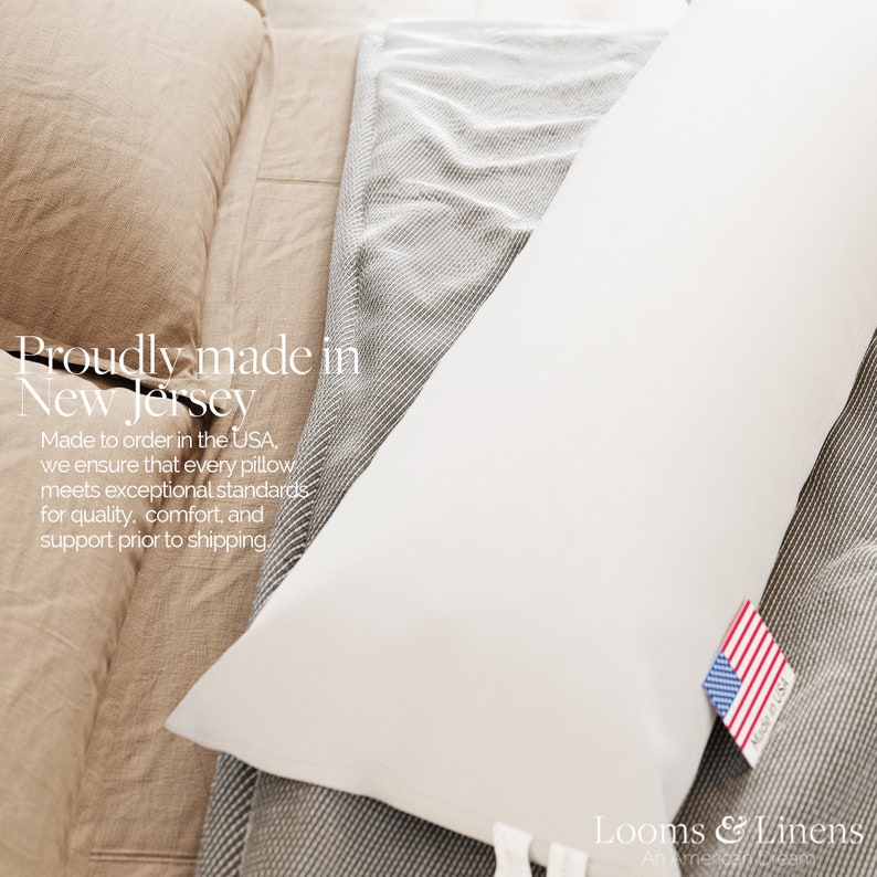 May include: A white pillow with a "Made in USA" label, resting on a gray and white striped fabric. The text "Proudly made in New Jersey" is visible in the background. The text "Made to order in the USA, we ensure that every pillow meets exceptional standards for quality, comfort, and support prior to shipping." is also visible in the background.