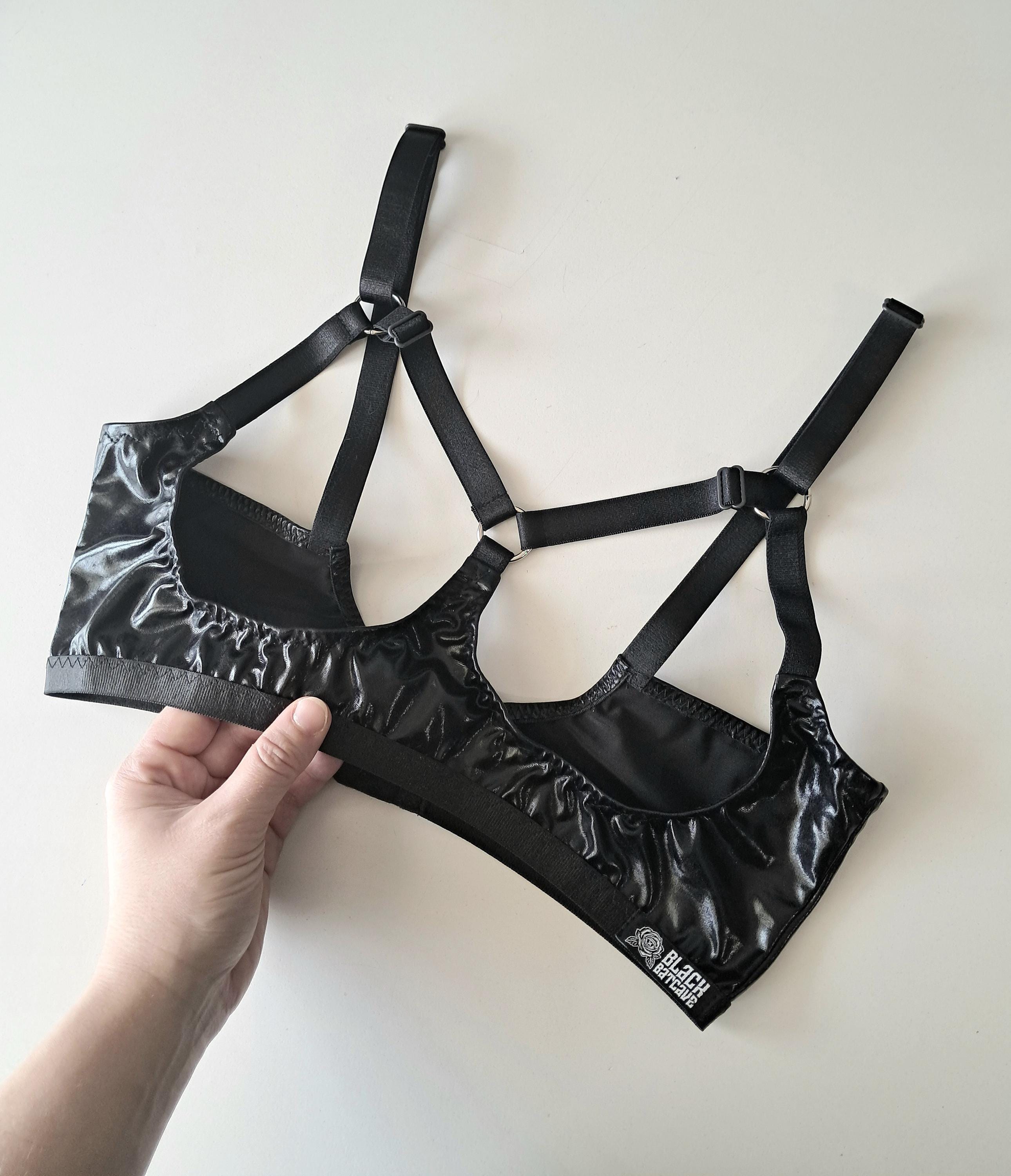 Black Wet Look Open Cup Bra – Elastic Rave & Festival Top, Gothic ...
