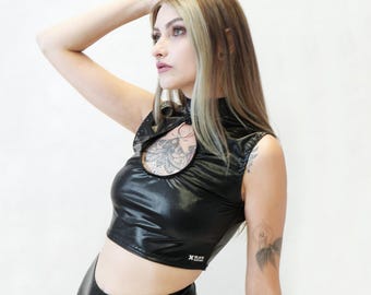 Metallic Sleeveless Black Top – Wet Look Festival & Rave Outfit, Gothic Alternative Fashion, Handmade Clothing