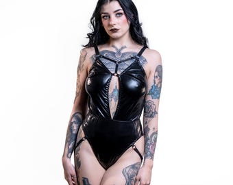 Black Metallic Bodysuit for Women – Wet Look Rave & Festival Outfit, Alternative Catsuit, Handmade Fashion