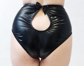 Black High Waist Sexy Panties – Metallic Fetish Lingerie, Gothic Alternative Briefs, Handmade Dark Fashion