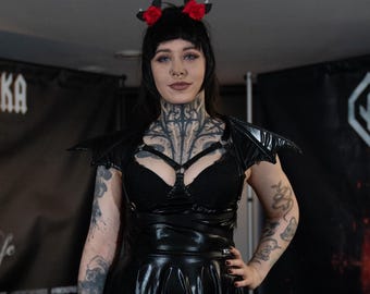 Elastic Black Harness with Bat-Inspired Accents – Gothic Festival & Rave Accessory, Alternative Handmade Fashion Top