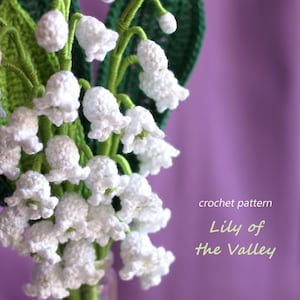 Può includere: Uno schema a uncinetto per un bouquet di fiori di mughetto bianchi con foglie verdi. Lo schema si chiama "Lily of the Valley" ed è di "Arietta design."