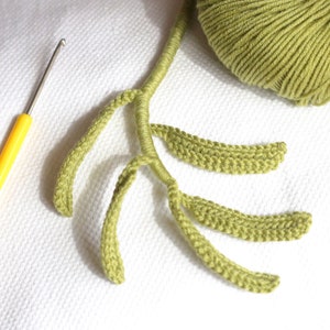 Può includere: Un ramo di colore verde lavorato a uncinetto con cinque rami più piccoli che si estendono verso l'esterno. Il ramo è realizzato con un unico filo di filo ed è un design semplice ma elegante.