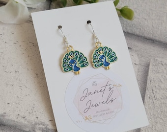 Boucles D'Oreilles Paon - Modèle Neuf Avec Étiquettes - Bijou Fantaisie Coloré