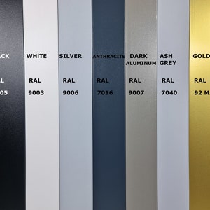 Op de afbeelding: Een kleurenkaart met acht verschillende verfkleuren met hun bijbehorende RAL-nummers. De kleuren zijn zwart, wit, zilver, antraciet, donker aluminium, asgrijs en goud.