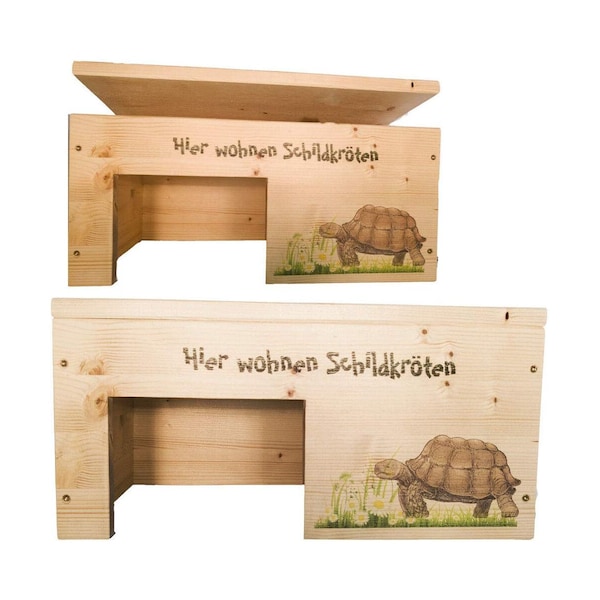 Schildkrötenhaus M Terrarium Schutzhaus mit Motiven, Holzlasur & Aufklappbar