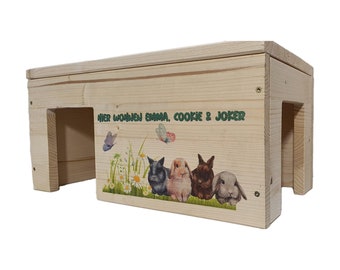 Rabbit house personalized with desired name of your rabbits with 2 entrances, stable, wood stain & hinged / 45x25x22cm
