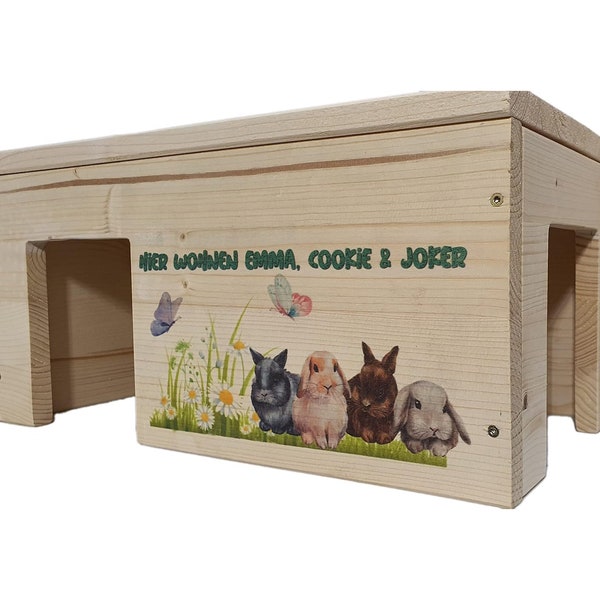 Kaninchenhaus Personalisiert mit Wunschnamen ihrer Hasen mit 2 Eingängen, Stabil, Holzlasur & Aufklappbar / 45x25x22cm