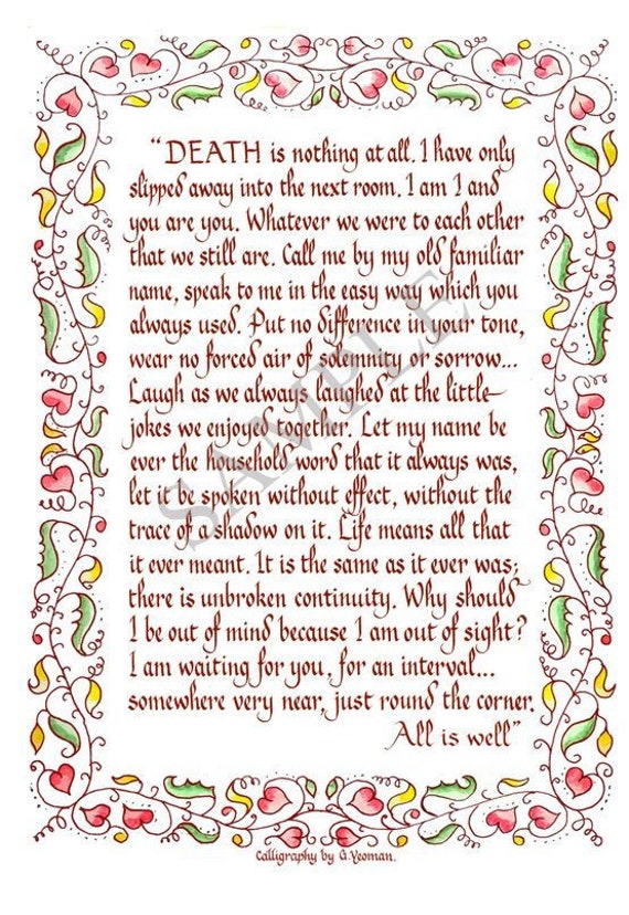 Death Is Nothing At All Card Calligraphy Bereavement Etsy