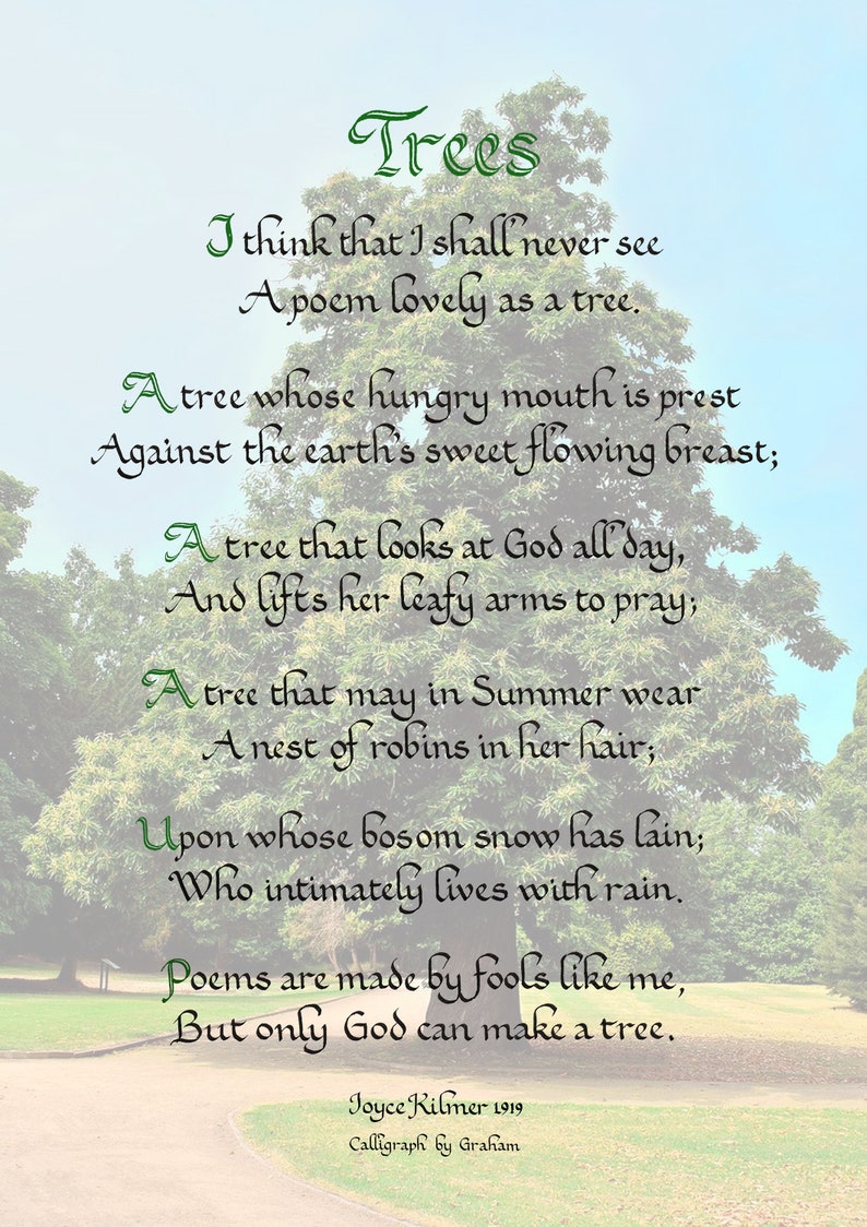 Trees Poem by Joyce Kilmer A4 and Tree Quotation 8x10 Etsy