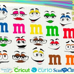 M gekleurd snoep, m gezichten, chocolade, snoepgezichten, voor een t-shirt, silhouet, clipart, vector, cricut, svg, eps, png, pdf