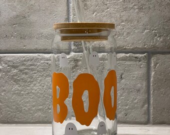 Boo Halloween Libbey beer glass, 20 oz coffee or drink cup, spooky adhesive vinyl decals