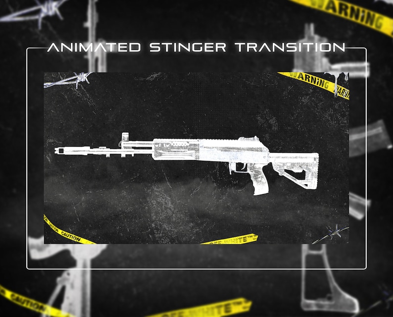 May include: A black and white image of a rifle with the text "ANIMATED STINGER TRANSITION" above it. The rifle is surrounded by yellow caution tape with the word "WARNING" printed on it.