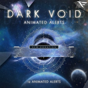May include: A dark blue and white animated alert pack called "Dark Void" with a black hole and a circle of stars. The text "New Donation" is displayed on a white banner. The text "12 Animated Alerts" is displayed at the bottom of the image.