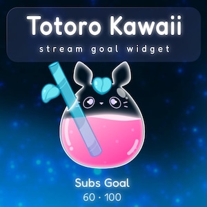 Può includere: Grafica digitale con un simpatico personaggio dei cartoni animati, contenente liquido rosa. Il testo "Totoro Kawaii" e "stream goal widget" sono visualizzati in alto. In basso c'è scritto "Subs Goal 60-100".