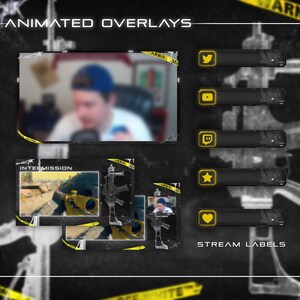 May include: Animated overlays for streaming with a black and yellow color scheme. The overlays feature a warning sign with yellow and black stripes, a black background with a white border, and a black and yellow gun graphic. The text "ANIMATED OVERLAYS" is at the top of the image. The text "STREAM LABELS" is at the bottom of the image. The overlays include icons for Twitter, YouTube, Twitch, a star, and a heart.