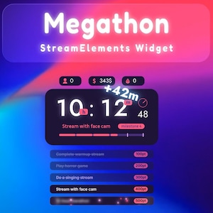 Pode incluir: Uma interface digital com a palavra "Megathon" em texto grande, branco e brilhante. A interface exibe um cronômetro, a contagem de espectadores e um valor em dólares. Abaixo estão opções para atividades de streaming e valores de pontos.