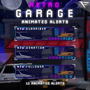 May include: Animated alerts for Twitch or YouTube featuring a retro-style cityscape with a car driving through the scene. The alerts include "New Subscriber", "New Donation", and "New Follower".