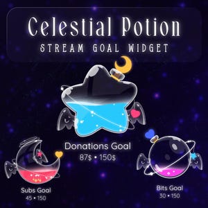 May include: A digital graphic with the text "Celestial Potion" and "STREAM GOAL WIDGET". It features three potion-shaped widgets: a star, a crescent moon, and a sphere, each with a different color scheme and goal.
