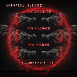 May include: Animated alerts for Twitch or YouTube with a red and black colour scheme. The alerts feature a circle of black wings with red glowing edges. The text "NEW SUBSCRIBER", "NEW FOLLOWER", and "NEW DONATION" are displayed in red text. The text "12 ANIMATED ALERTS" is also displayed in red text.