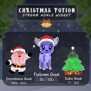 May include: A digital graphic for a Christmas-themed stream overlay. It features a Santa Claus, a purple reindeer, and a Christmas tree, each wearing a Santa hat. Text includes "Christmas Potion" and "Stream Goals Widget."