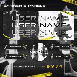 May include: Black and white Twitch banner with a grunge aesthetic featuring a stylized image of a gun and the text "USER NAME" repeated three times. The banner also includes a circular profile picture with the same stylized gun image and the text "USER NAME". Below the banner are five black and white panels with the text "DESIGNER", "DONATIONS", "CHAT RULES", "ABOUT ME", and "STREAM DECK ICONS". The panels are also stylized with a grunge aesthetic and feature a stylized gun image.