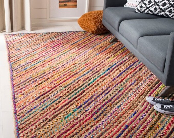Indian Handmade hand Braided Multi Color Cotton and Jute Area Rug Home Decor Rugs Floor Decor Runner Rugs Inidan Carpet Size 2 X 3 Feet