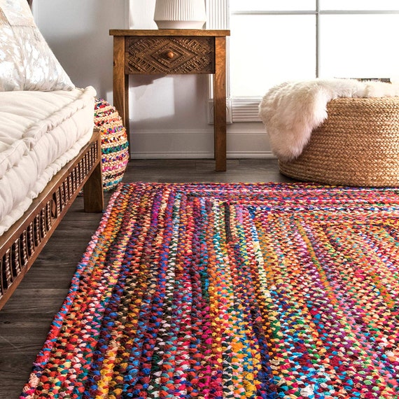 Hand Made Bohemian Braided Cotton Area Rug in Multi Color Chindi Round Carpet