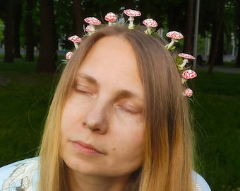 Fairy mushroom crown with moss ~ Grunge fairycore Fly Amanita mushroom tiara
