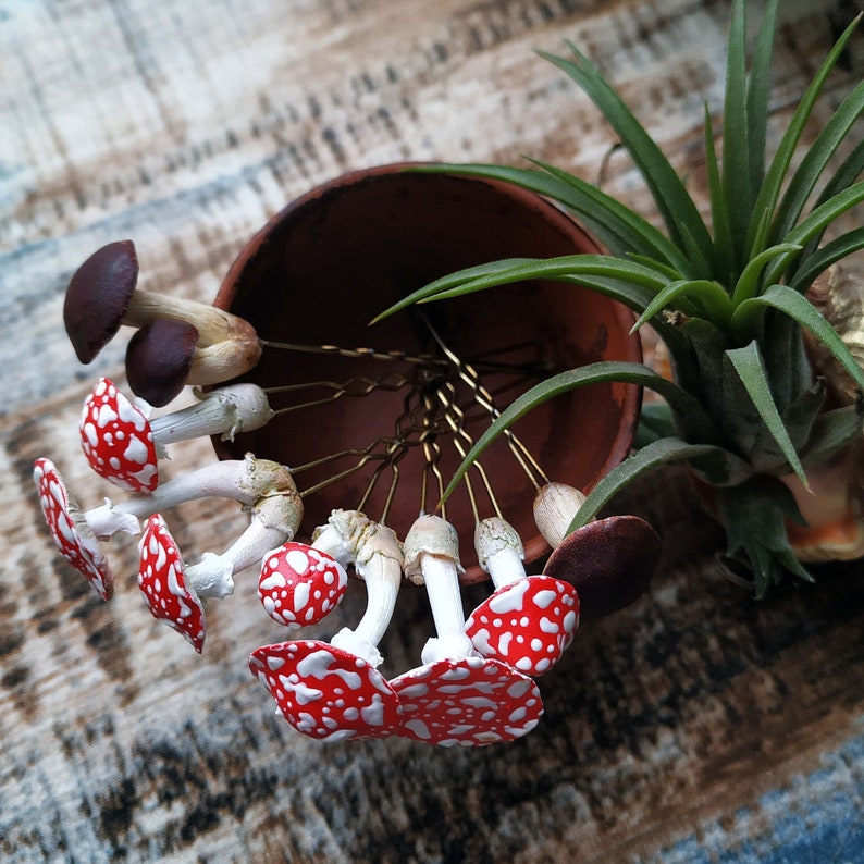 Goblincore aesthetic ~ Handmade realistic Mushroom Hair Pins ~ A Goblincore aesthetic ~ Handmade realistic Mushroom Hair Pins ~ A