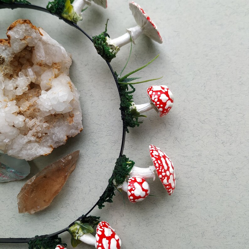 May include: A black headband with red and white mushroom decorations and green foliage. The headband is decorated with a large white crystal.