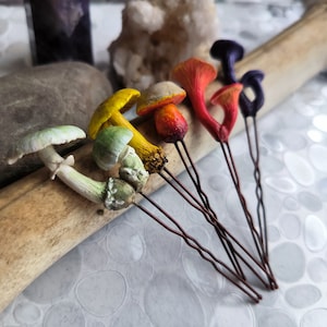Set van 5 handgemaakte, realistische paddestoelhaarspelden ~ Witchy Mushroom-sieraden