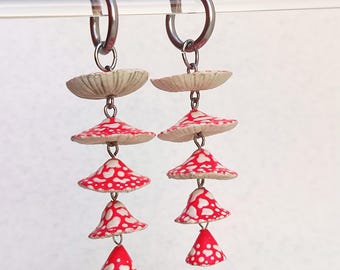 Dangling Red Mushroom Earrings: Whimsical Fairycore Accessories