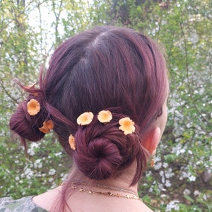 Golden Chanterelle Handmade Fairy accessory ~ Handmade polymer clay mushroom Hair Pins ~ fairy ring hair sticks for Fairy costume