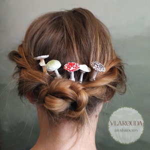 Mushroom Hair Pins: Handmade Polymer Clay Amanita, Forest Jewelry - Set of 5