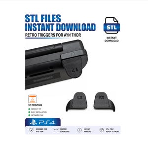 May include: Black retro triggers for the Ayn Thor handheld console, labeled L1, L2, and R2. The image includes text that reads "STL FILES INSTANT DOWNLOAD RETRO TRIGGERS FOR AYN THOR" and "PS4". The triggers are designed for 3D printing.