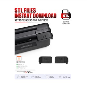 Peut inclure: Déclencheurs rétro noirs pour la console portable Ayn Thor. L'image comprend le texte "STL FILES INSTANT DOWNLOAD RETRO TRIGGERS FOR AYN THOR" et "3D PRINTING". Un Nintendo 3DS XL est également affiché.