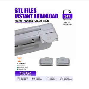 Könnte beinhalten: Ein hellgraues Retro-Trigger-Set für die Handheld-Konsole Ayn Thor. Das Bild zeigt die L1-, L2-, R2-Trigger und die Oberseite der Konsole. Der Text enthält "STL FILES INSTANT DOWNLOAD" und "RETRO TRIGGERS FOR AYN THOR".