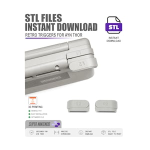 May include: A close-up of a gray handheld gaming device with the text "STL FILES INSTANT DOWNLOAD RETRO TRIGGERS FOR AYN THOR." The image also shows two gray L2 and R2 buttons, and the text "SUPER NINTENDO."