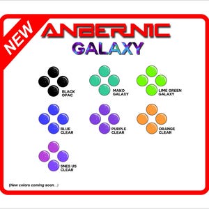 Peut inclure: Console de jeu portable Anbernic Galaxy avec des boutons de différentes couleurs. Les couleurs incluent le noir, le bleu, le violet, l'orange, le vert lime et une couleur bleu clair étiquetée "Mako Galaxy". Le texte "Nouvelles couleurs à venir..." est en bas de l'image.