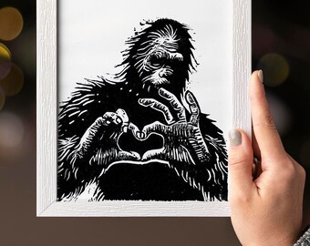 Small Bigfoot Love Linocut ORIGINAL print, Hand Carved Sasquatch Art, Quirky Cryptid Gift