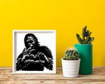 Large Bigfoot Love Linocut Print, Hand Carved Sasquatch Art, Quirky Cryptid Wall Décor