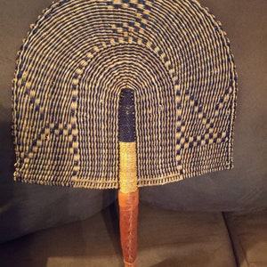Natural Hand Fan with Real Leather Handle Rattan Hemp Like Straw